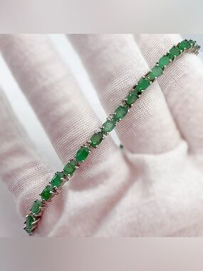 14k White Gold over Silver Green Emerald Jadeite Bracelet!